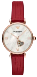 Emporio Armani Gianni T-Bar Mother of Pearl White Dial Red Leather Strap Watch For Women - AR60048
